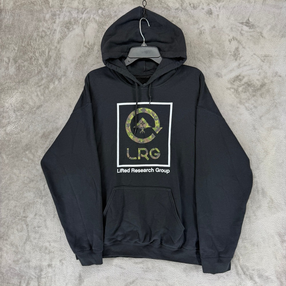 LRG Hoodie Mens Large Black Lifted Research Group Camo Logo Pullover Sweatshirt